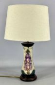 MOORCROFT FOXGLOVE TABLE LAMP on circular wooden base, 23cms (h) excluding fitting and fabric
