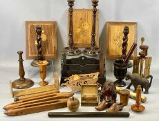 COLLECTION OF TREEN including pair of turned beech candlesticks, 33cms (h), two loom shuttles,