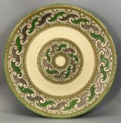 CROWN DUCAL CIRCULAR CHARGER by Charlotte Rhead, pattern no. 4298, tube lined with scrolls in cream,
