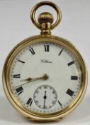 WALTHAM GOLD PLATED POCKET WATCH, keyless, enamel dial with black Roman numerals and subsidiary