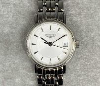 LONGINES STAINLESS STEEL LADIES' WRISTWATCH & BRACELET with circular case, silver dial, baton hour