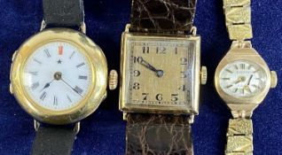 THREE LADIES' WRISTWATCHES including circular 18ct gold case with white enamel dial, Roman numerals,