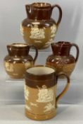 THREE ROYAL DOULTON GRADUATED STONEWARE JUGS decorated in relief, impressed marks, 15cms (h) the