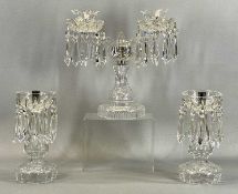 CUT GLASS TWIN BRANCH TABLE LAMP with cut glass drops, 31cms (h) and pair of similar cut glass table