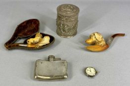 ASSORTED COLLECTABLES including cased meerschaum pipe carved as a lion, having silver mount, another