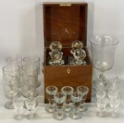 GROUP OF GLASSWARE including mahogany two-handled box having hinged cover, containing four square