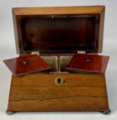 REGENCY ROSEWOOD SARCOPHAGUS FORM DOUBLE TEA CADDY on bun feet, fitted interior, 16 (h) x 23 (w) x