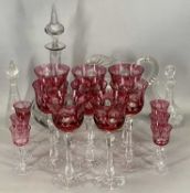 CUT CLASS WARE including eight Bohemian red and clear hock glasses, six smaller liquor glasses,