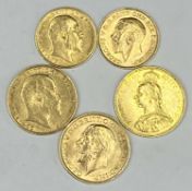 THREE FULL & TWO HALF SOVEREIGNS, Queen Victoria 1887, 8gms, Edward VII 1903, 8gms, George V 1914,