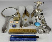 COLLECTION OF SILVERWARE including silver backed hand mirror, pair of brushes and comb, two small