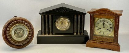 THREE MANTEL CLOCKS including late 19th Century slate clock of architectural form, reeded pillars
