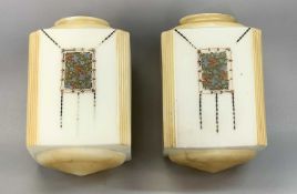 PAIR OF RETRO OPAQUE GLASS LIGHT SHADES of square form, with canted corners and painted with