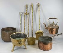 ANTIQUE BRASS & COPPER FIRESIDE ACCESSORIES including circular copper kettle with acorn finial,