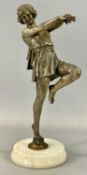 ART DECO STYLE SILVERED SPELTER FIGURE of dancing girl, on circular alabaster plinth, 37cms (h)