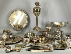 ASSORTED SILVER-PLATED ITEMS including oval galleried tea tray, 45 x 30cms, oil lamp with Corinthian