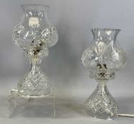 PAIR OF CUT GLASS TABLE LAMPS with conical shades, 33cms (h) Provenance: private collection Conwy