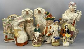 19TH CENTURY STAFFORDSHIRE ORNAMENTS including pair of seated spaniels, 32cms (h), Mr. and Mrs.