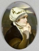 19TH CENTURY OVAL PORCELAIN PLAQUE, possibly KPM, painted with head and shoulder portrait of young