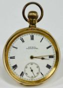A.W.W. CO. WALTHAM GOLD PLATED POCKET WATCH, keyless, enamel dial with black Roman numerals and