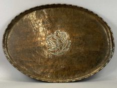 HUGH WALLIS ARTS & CRAFTS OVAL COPPER & PEWTER TRAY, centre with mistletoe design, stamped H. W., 40