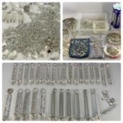 19TH CENTURY BLUE GLASS LUSTRE having enamelled decoration and clear glass drops, 29cms (h) together