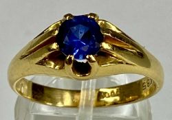 22CT GOLD SIGNET RING set with light blue stone, size R, 6.8gms Provenance: private collection
