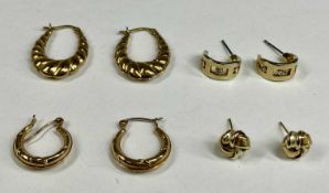 FOUR PAIRS OF EARRINGS comprising two pairs of 9ct yellow gold hoops, pair of 9ct gold knot earrings
