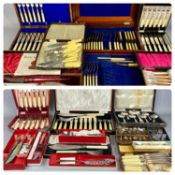 ASSORTED CASED CUTLERY including fish knives and forks, carving set, teaspoons, dessert spoons