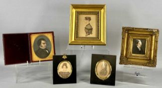 FIVE VARIOUS MINIATURE PORTRAITS, 19th century and later including oval watercolour head and