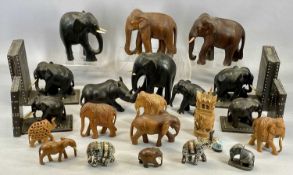 COLLECTION OF ELEPHANT ORNAMENTS including five carved sandalwood, two lakh mirror work and