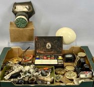 GROUP OF VINTAGE COLLECTABLES including ostrich egg, desk calendar, desk barometer, gas mask in