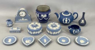 WEDGWOOD BLUE & WHITE JASPERWARE including mantel clock, 14cms (h), teapot, 13cms (h), pair of