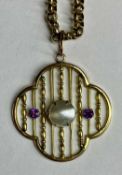9CT GOLD PENDANT set with mother of pearl and amethysts, with chain 40cms (l), 9.5gms gross