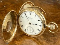 WALTHAM TRAVELER 9CT GOLD CASED HALF HUNTER POCKETWATCH, keyless, having white enamel dial, Roman