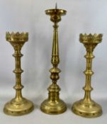 PAIR OF GOTHIC GILDED BRASS ECCLESIASTICAL PRICKET CANDLESTICKS, late 19th century with