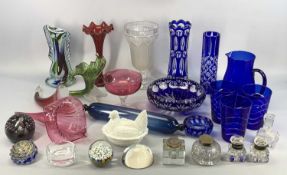 ASSORTED DECORATIVE GLASSWARE including Bohemian blue and clear cut glass vase, 25.5cms (h), similar