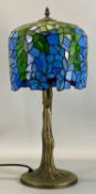 TIFFANY STYLE TABLE LAMP with naturalistic form metal base, blue and green leaded type shade,