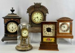 GROUP OF FIVE CLOCKS including anniversary type under glass dome, 28cms (h), oak dome top, 26cms (