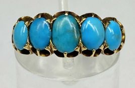 9CT GOLD RING set with band of five turquoise, size M, 4.8gms Provenance: private collection Ynys