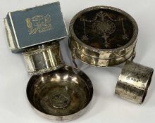 GROUP OF SMALL SILVER COLLECTABLES including circular ring box with inlaid tortoiseshell cover,