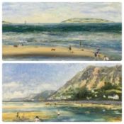 MODERN WELSH SCHOOL pair of oils on board - coastal views with children playing on beach in