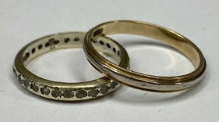9CT GOLD ETERNITY RING, size K along with 9ct yellow and white gold wedding band, size P, 3.9gms