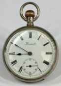 PRESCOT SILVER CASED POCKET WATCH, keyless, enamel dial with black Roman numerals and subsidiary