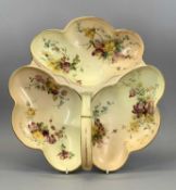 ROYAL WORCESTER BLUSH IVORY HORS D'OEUVRES DISH, three division, decorated with oval sprays, puce