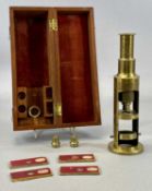 LACQUERED BRASS COMPOUND MICROSCOPE, late 19th century, in fitted mahogany box with accessories