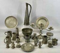 COLLECTION OF PEWTER & METALWARE, 19th century and later including tankards, measures, trays and