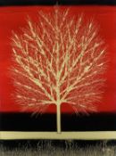 ‡ NAKISA SEIKA (Japanese b.1974) acrylic oil on board - gold tree against red and black ground,