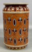 METTLACH STONEWARE VASE of cylindrical form, with incised decoration, enamelled bead bands,