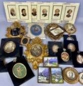 ASSORTED MINIATURES & FRAMES including oval portrait of Napoleon in mother of pearl veneered