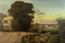 19TH CENTURY ENGLISH SCHOOL oil on canvas - harvesting scene, inscribed verso 'N R Knutsford,